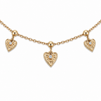 A close-view of a gold-plated ladies bracelet with a fine chain featuring three dangling filigree-engraved hearts and sparkling crystal centers.