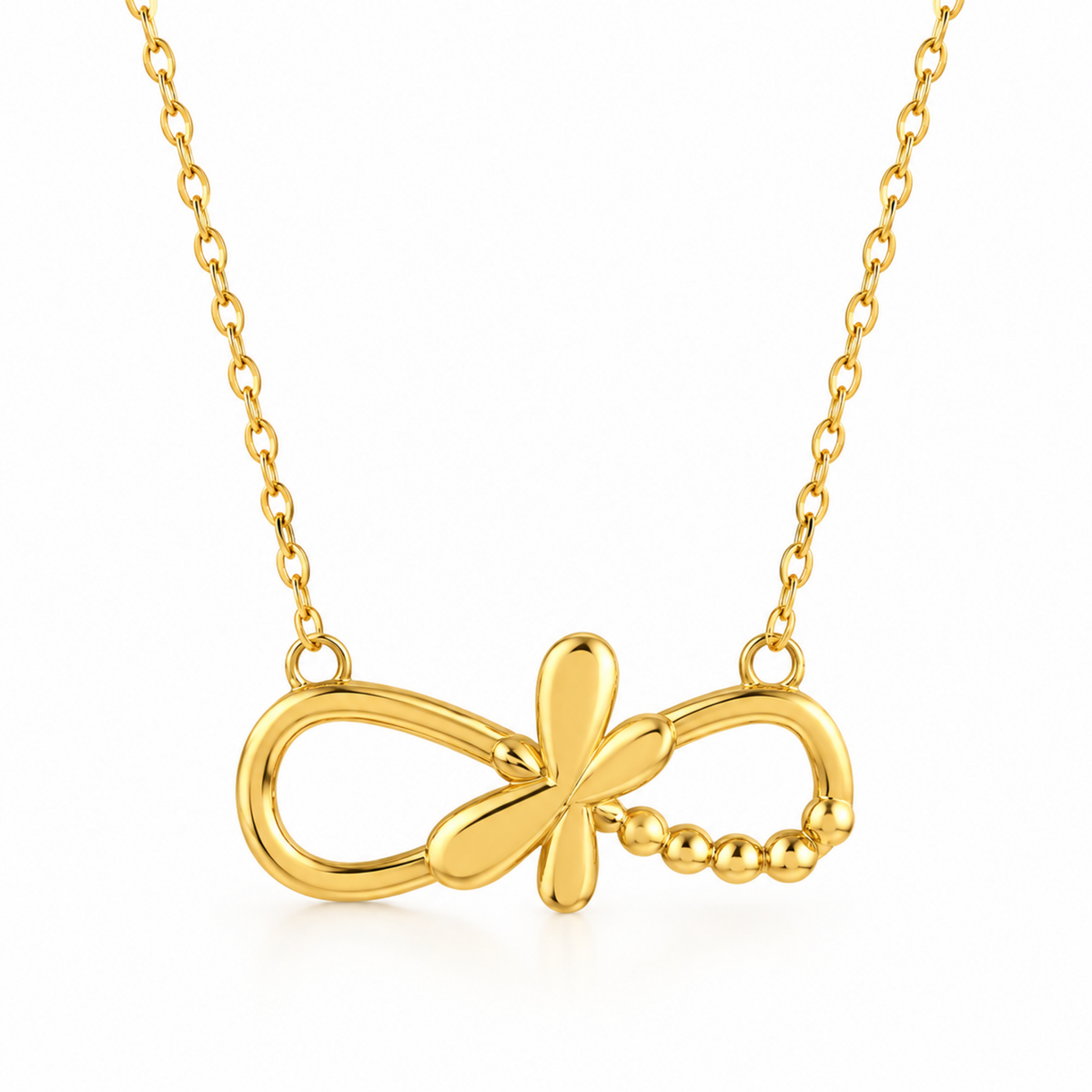 Gold infinity butterfly necklace for women with looped pendant, butterfly motif, beaded detail and gold plated