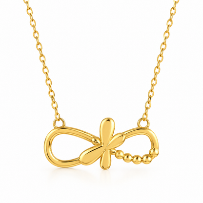 Gold infinity butterfly necklace for women with looped pendant, butterfly motif, beaded detail and gold plated