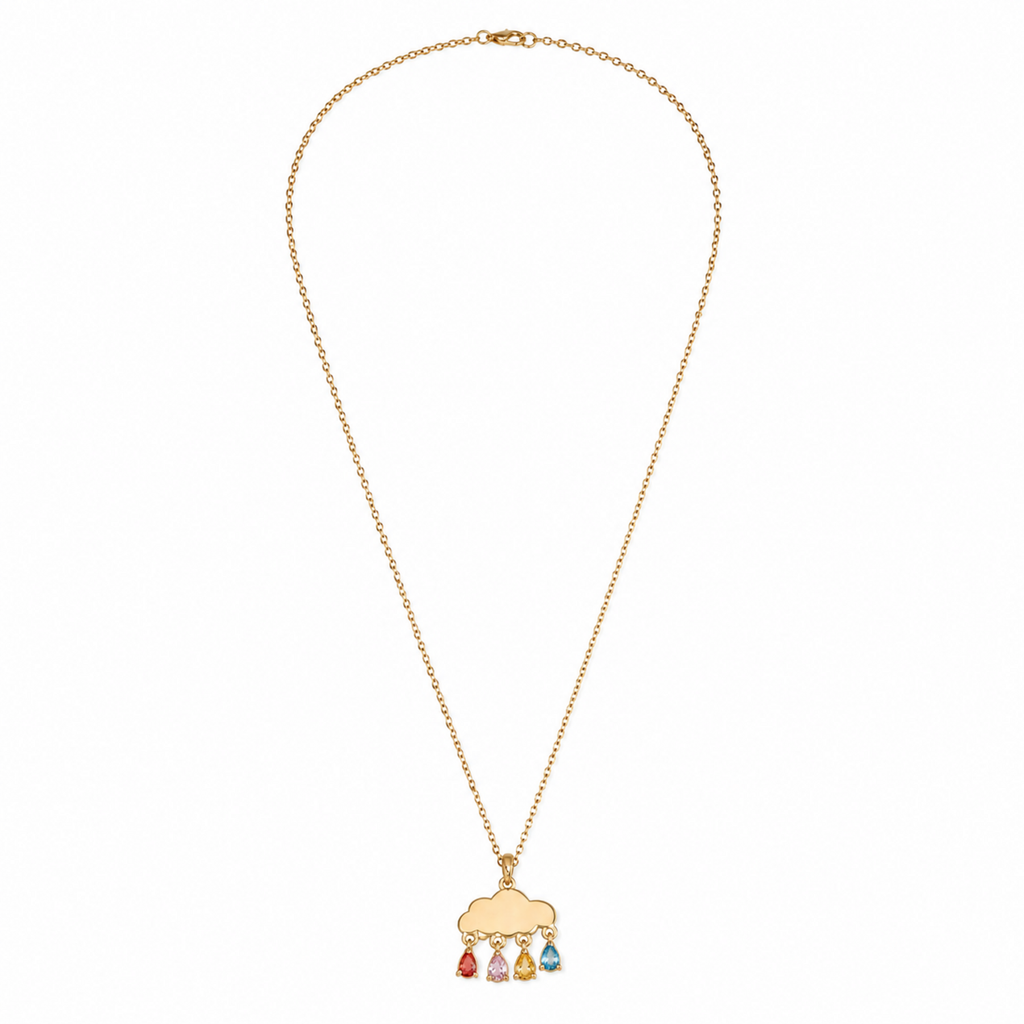 A gold-plated stainless steel chain for women featuring a cloud pendant with four colorful dangling teardrop crystals.