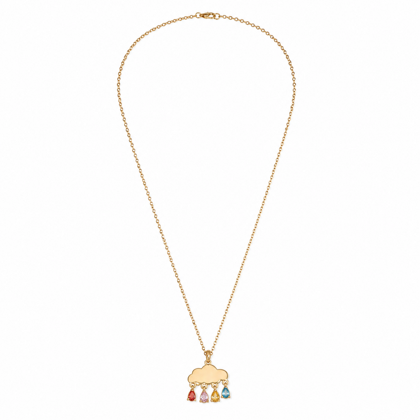 A gold-plated stainless steel chain for women featuring a cloud pendant with four colorful dangling teardrop crystals.