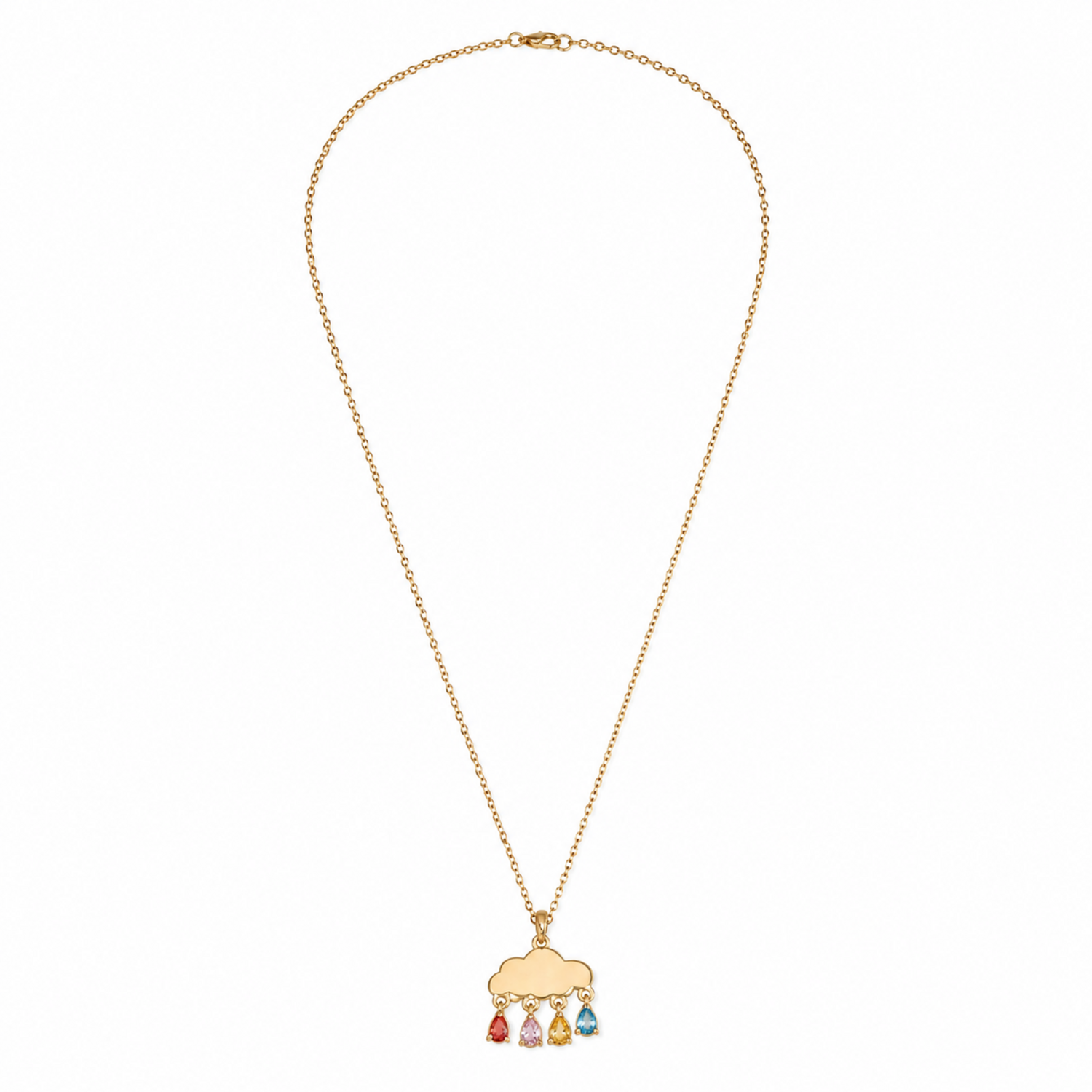 A gold-plated stainless steel chain for women featuring a cloud pendant with four colorful dangling teardrop crystals.
