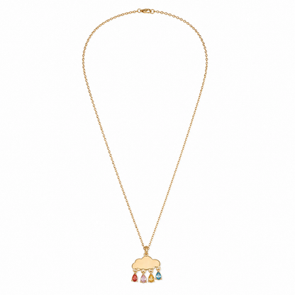 A gold-plated stainless steel chain for women featuring a cloud pendant with four colorful dangling teardrop crystals.
