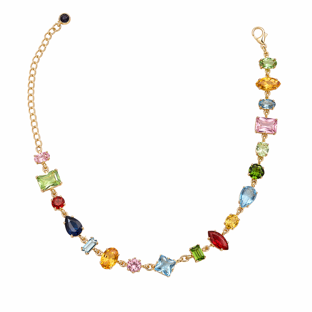 A gold-plated multi-colored stone chain bracelet for women shown on a white background
