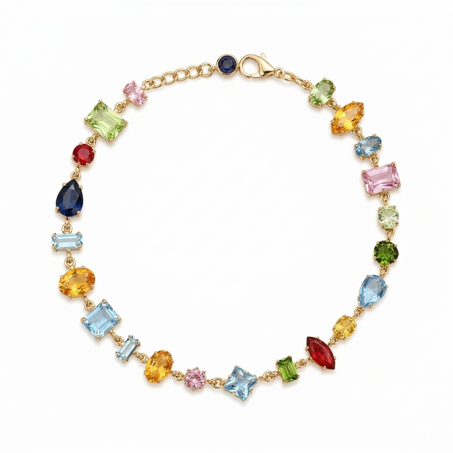A close-view of a gold-plated multi-colored stone chain bracelet for women shown on a white background