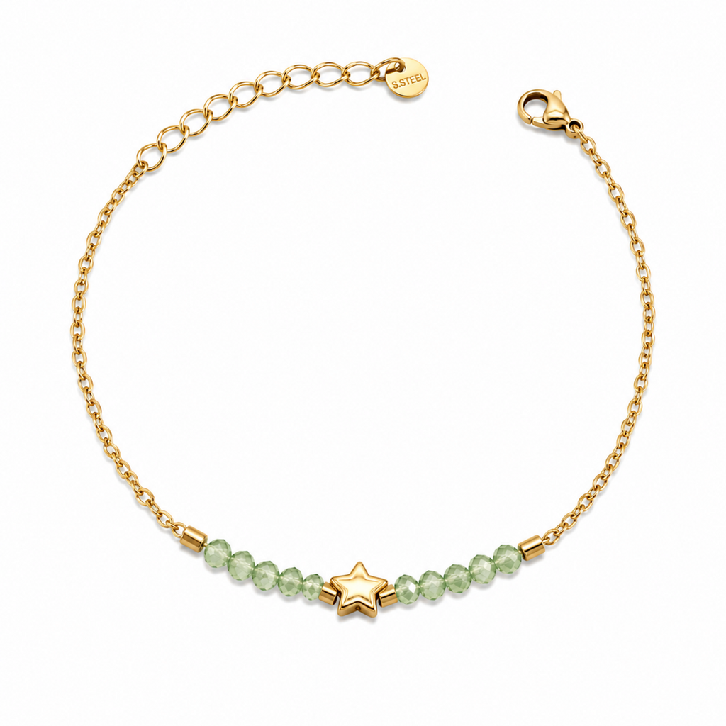 A delicate gold-plated stainless steel chain bracelet for women featuring pale-green faceted jadeite beads and a central gold star charm.