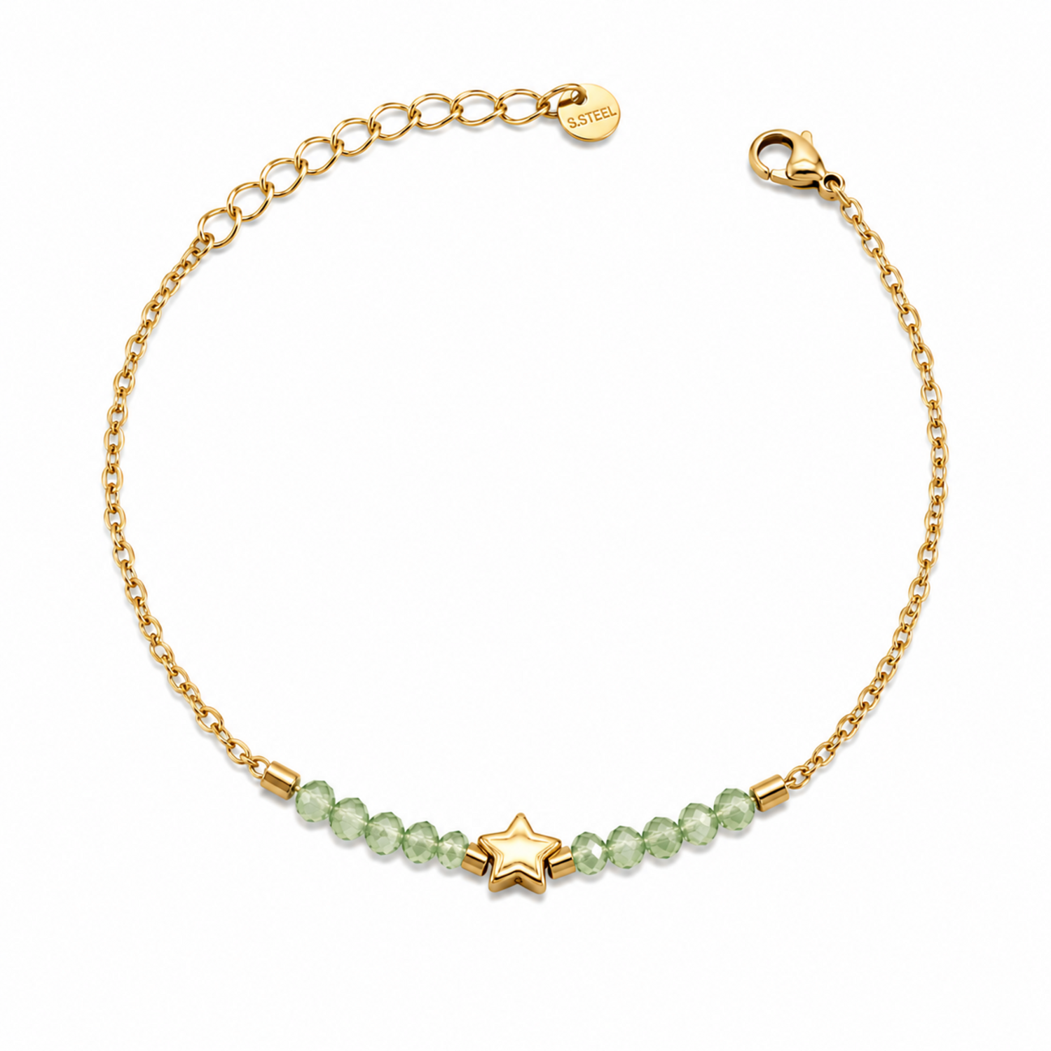 A delicate gold-plated stainless steel chain bracelet for women featuring pale-green faceted jadeite beads and a central gold star charm.
