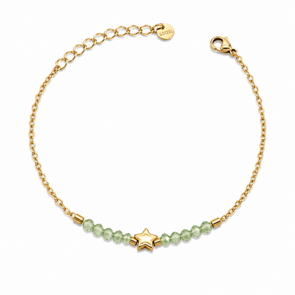 A delicate gold-plated stainless steel chain bracelet for women featuring pale-green faceted jadeite beads and a central gold star charm.