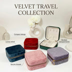 set of velvet travel size jewellery box organizers displayed side by side in multiple colors