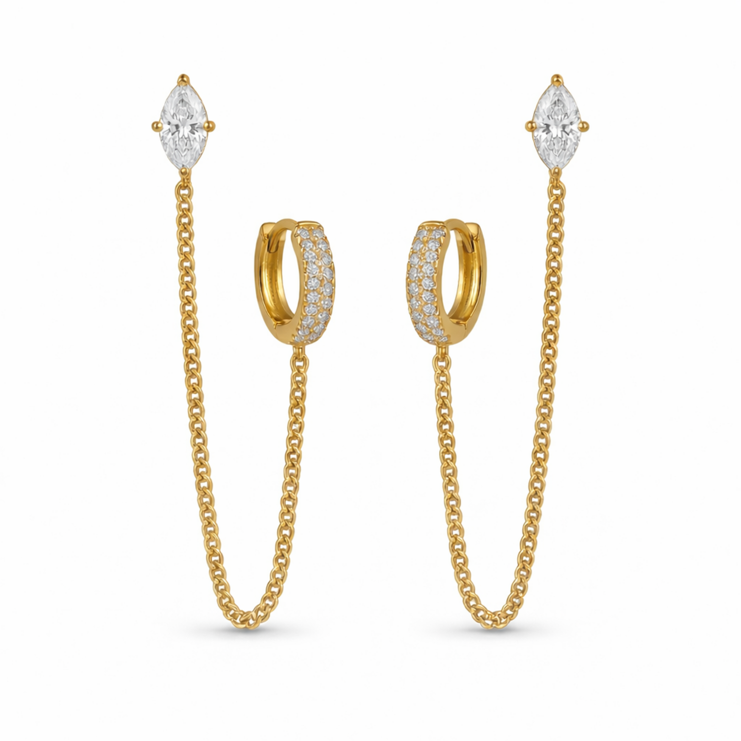 A pair of gold-plated ear chain earrings for women connecting a crystal hoop to a marquise-cut crystal stud with a fine gold plated chain