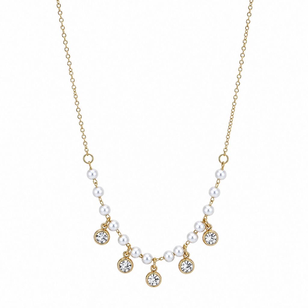 A gold-plated stainless steel chain for women featuring a curved arrangement of pearls and five dangling bezel-set crystal charms.