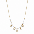 A gold-plated stainless steel chain for women featuring a curved arrangement of pearls and five dangling bezel-set crystal charms.