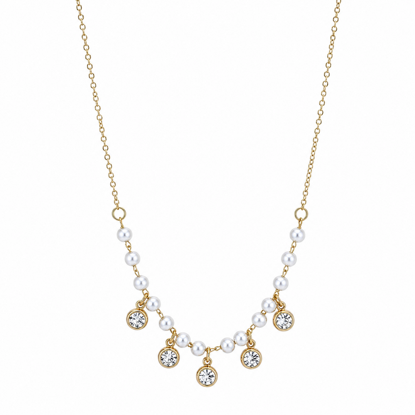 A gold-plated stainless steel chain for women featuring a curved arrangement of pearls and five dangling bezel-set crystal charms.