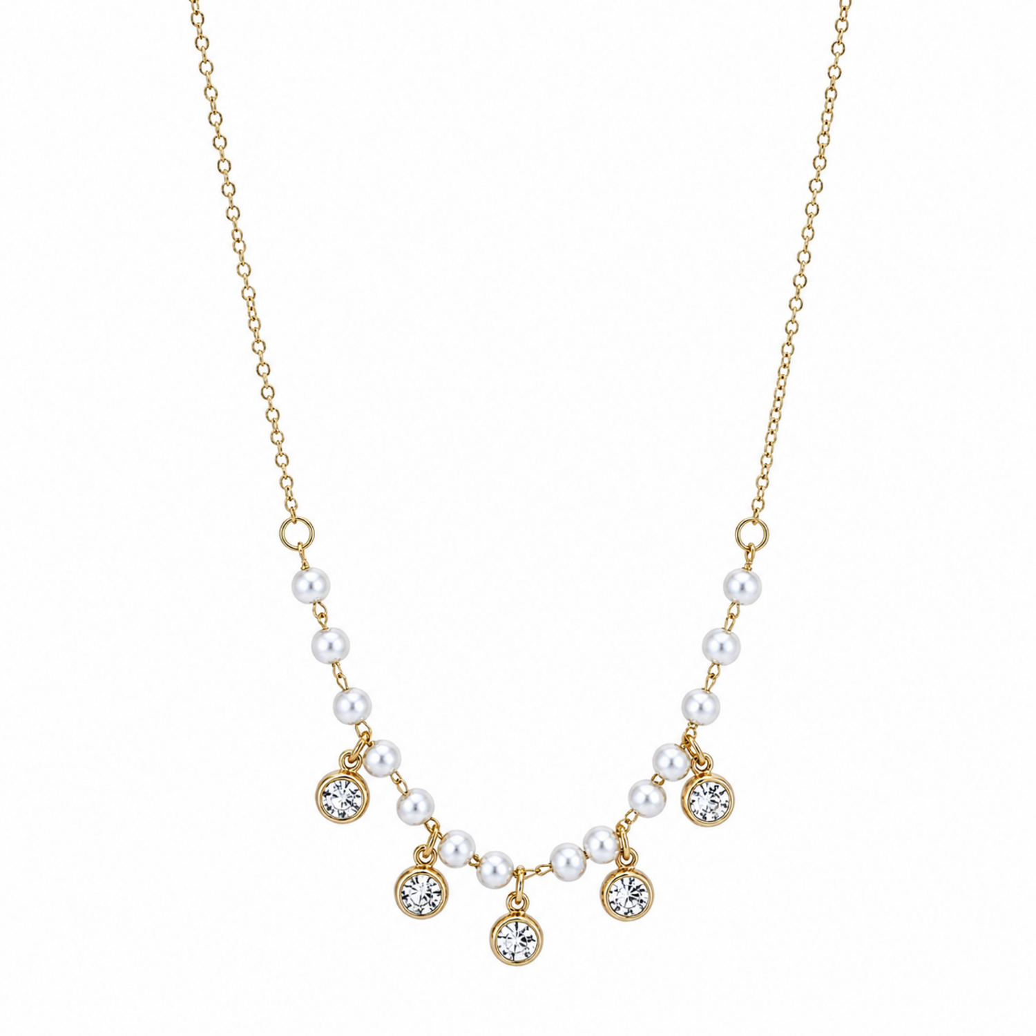 A gold-plated stainless steel chain for women featuring a curved arrangement of pearls and five dangling bezel-set crystal charms.
