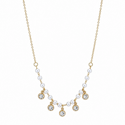 A gold-plated stainless steel chain for women featuring a curved arrangement of pearls and five dangling bezel-set crystal charms.