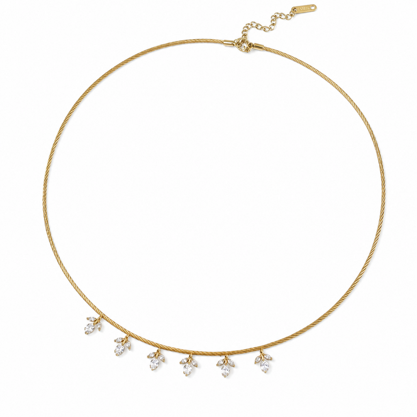 A gold-plated stainless steel chain for women featuring a twisted cord design with six dangling marquise-cut crystal floral charms.