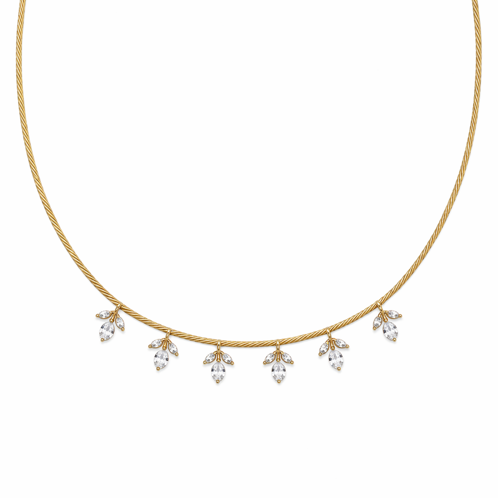 A close-view of a gold-plated stainless steel chain for women featuring a twisted cord design with six dangling marquise-cut crystal floral charms.