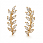 A pair of gold-plated laurel vine ear climber earrings for women featuring sparkling marquise-cut white leaves on a white background
