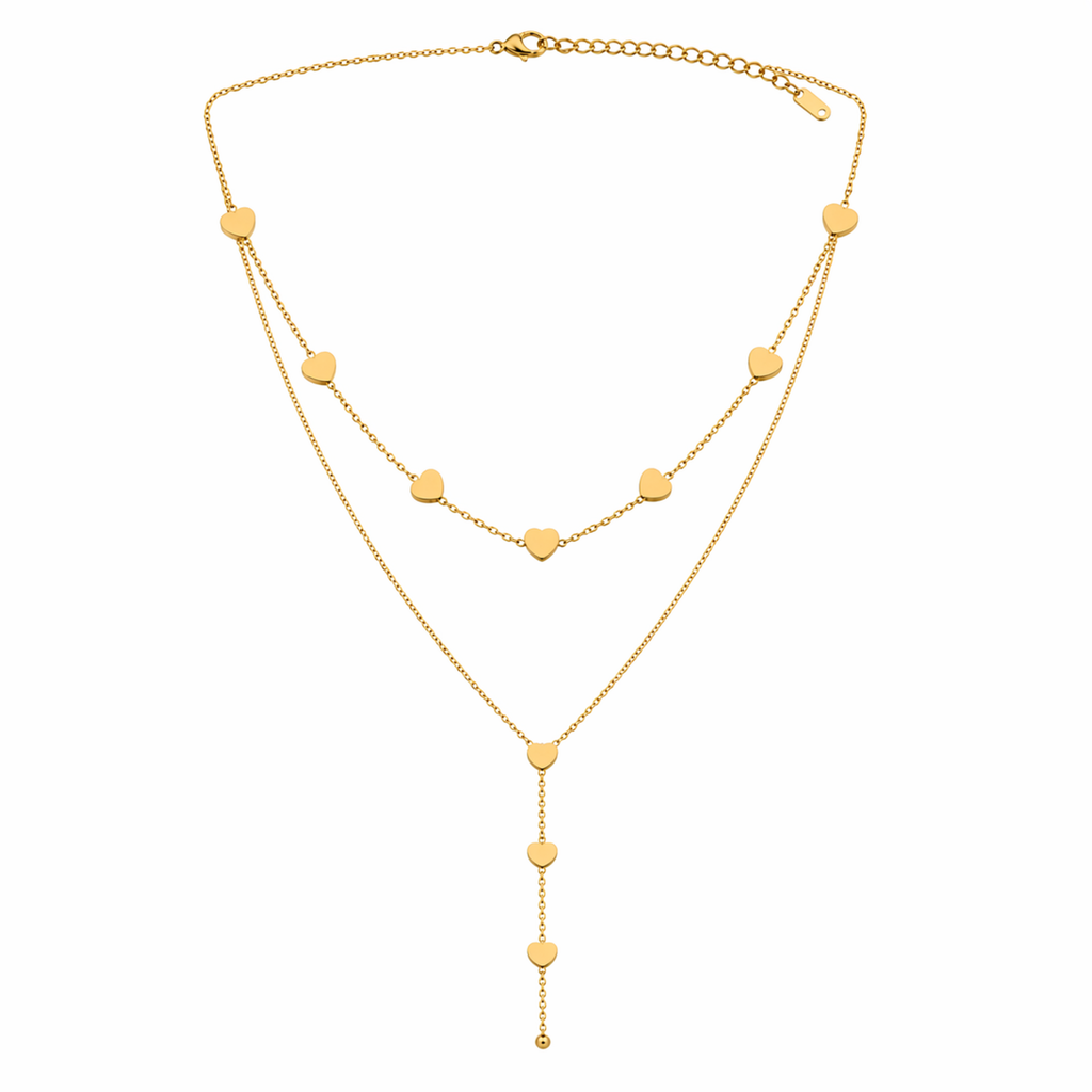 A gold-plated stainless steel chain for women featuring a layered necklace design with multiple small heart charms and a long Y-shaped drop.