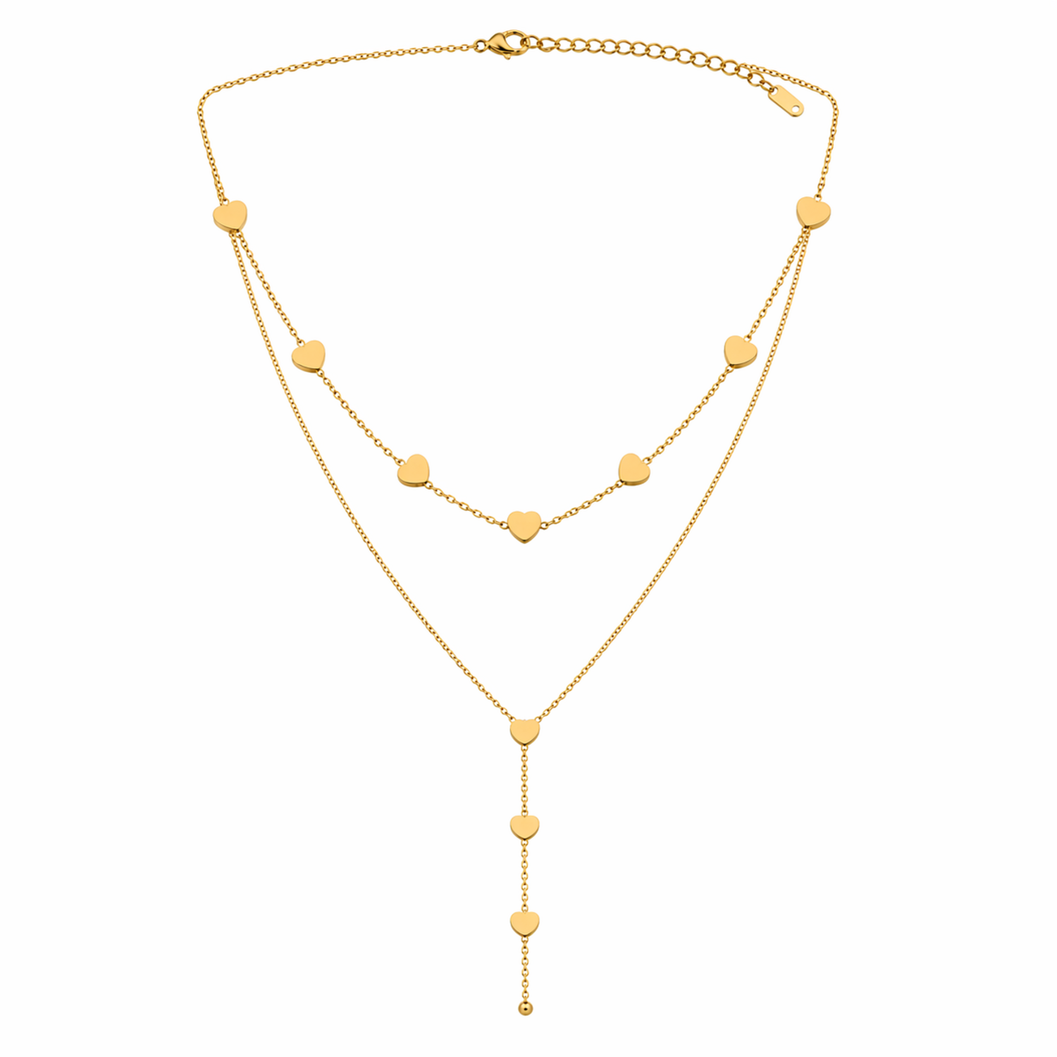 A gold-plated stainless steel chain for women featuring a layered necklace design with multiple small heart charms and a long Y-shaped drop.