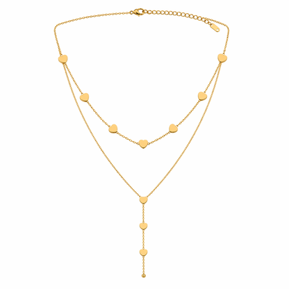 A gold-plated stainless steel chain for women featuring a layered necklace design with multiple small heart charms and a long Y-shaped drop.