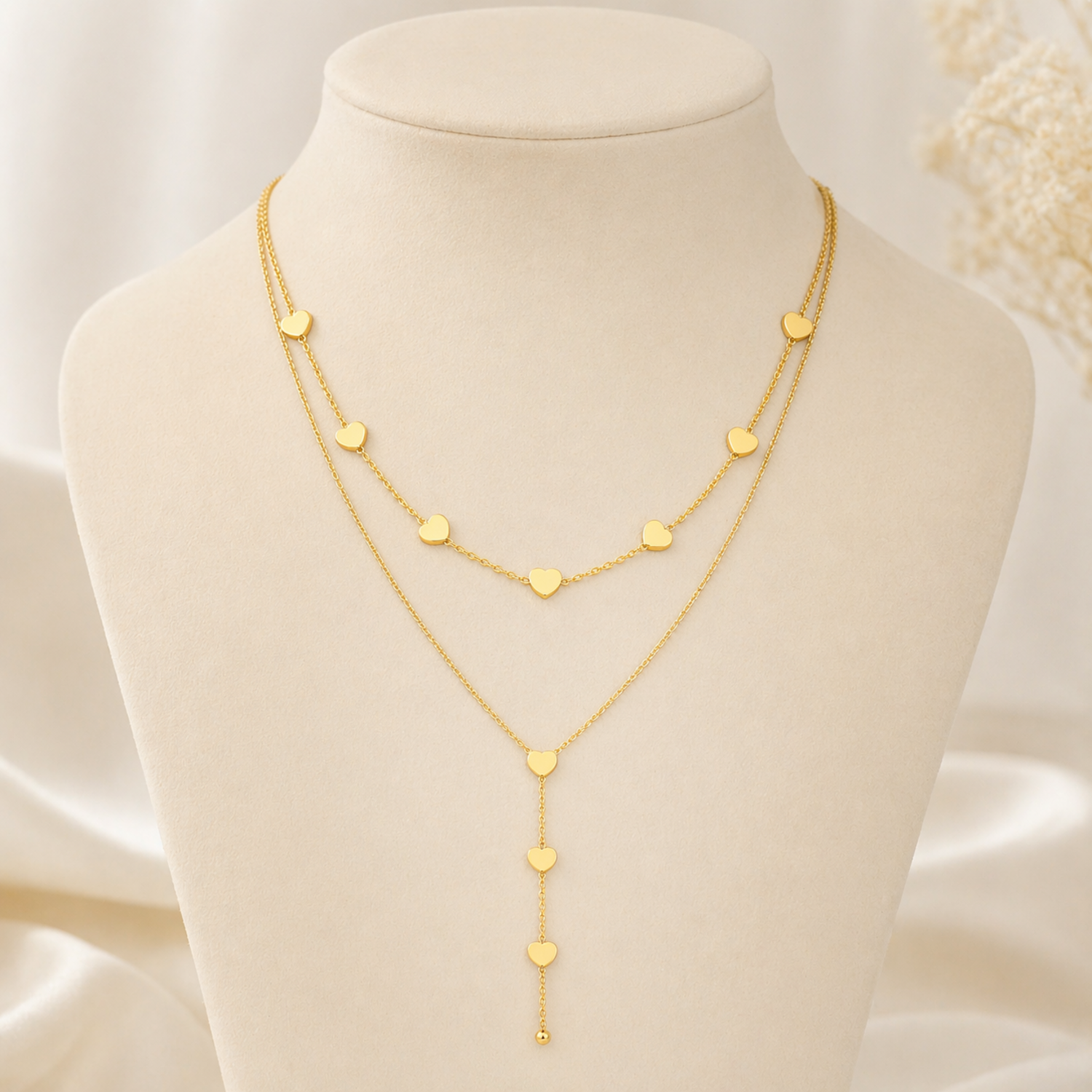 A close-view of a gold-plated stainless steel chain for women featuring a layered necklace design with multiple small heart charms and a long Y-shaped drop.