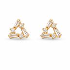 A pair of gold-plated triangle stud earrings for women featuring a mix of baguette and round-cut crystals, shown on a clean white background.