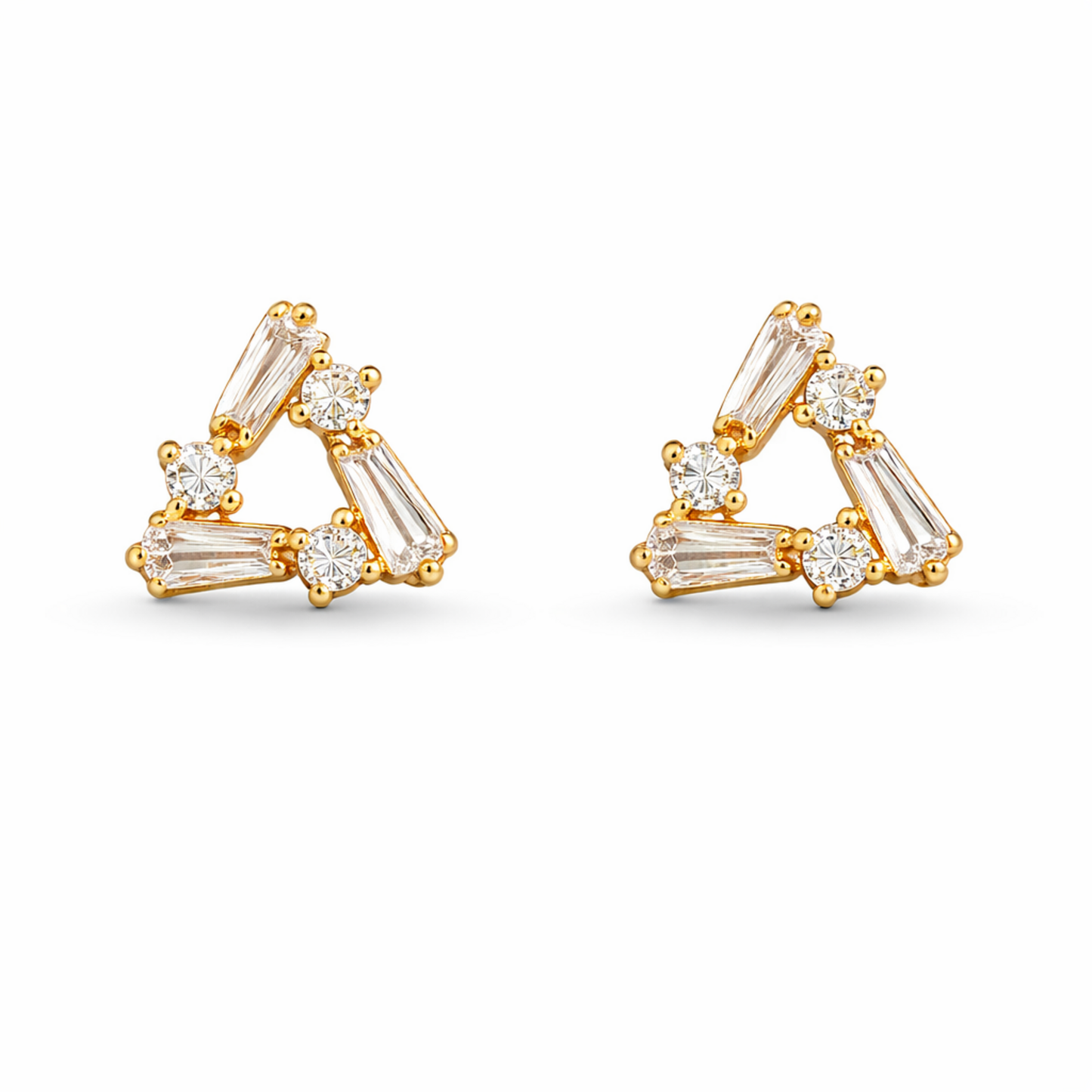 A pair of gold-plated triangle stud earrings for women featuring a mix of baguette and round-cut crystals, shown on a clean white background.