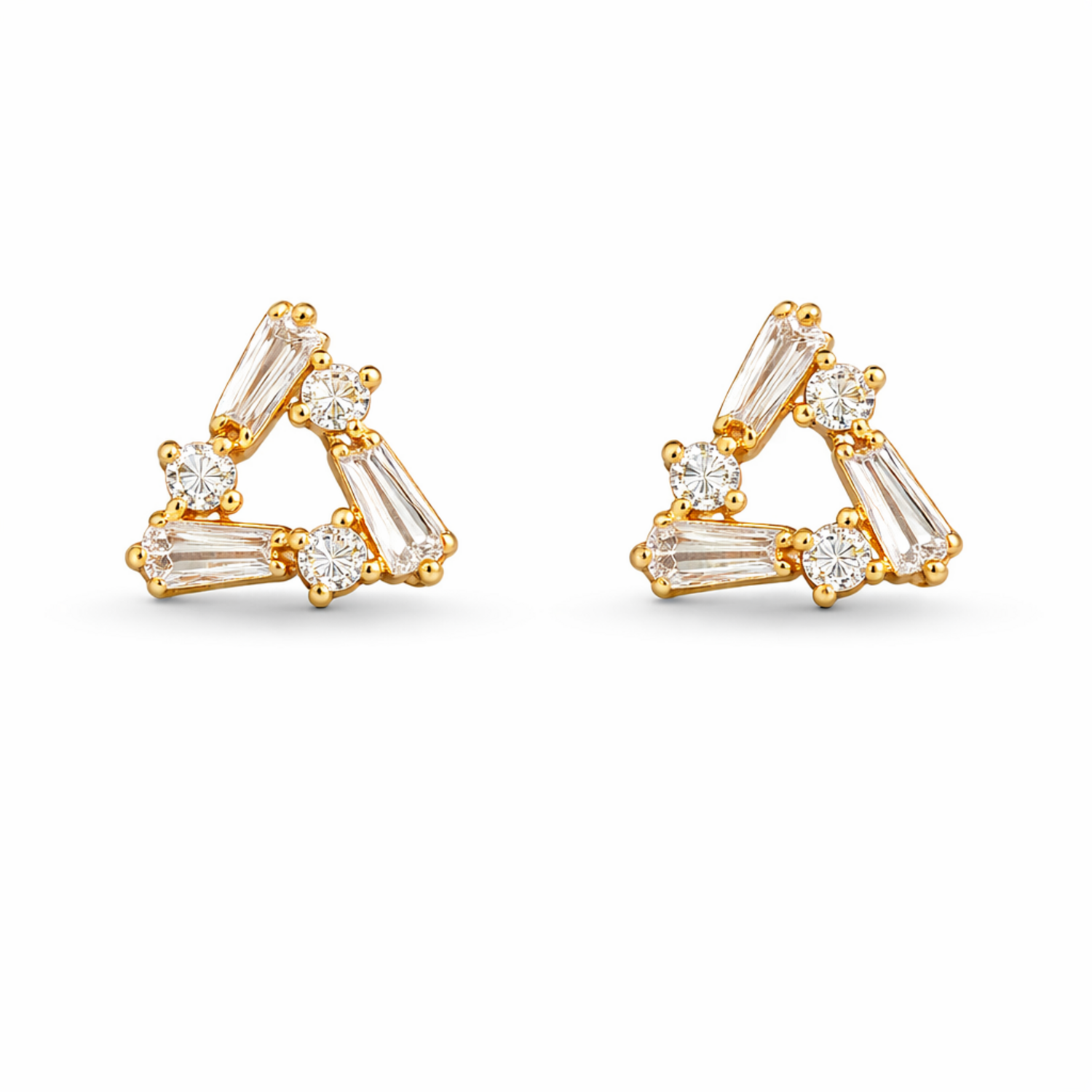 A pair of gold-plated triangle stud earrings for women featuring a mix of baguette and round-cut crystals, shown on a clean white background.
