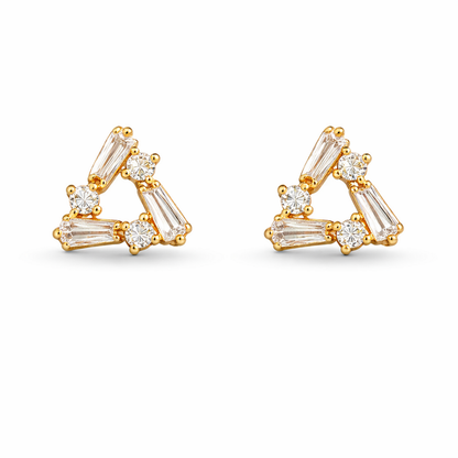 A pair of gold-plated triangle stud earrings for women featuring a mix of baguette and round-cut crystals, shown on a clean white background.