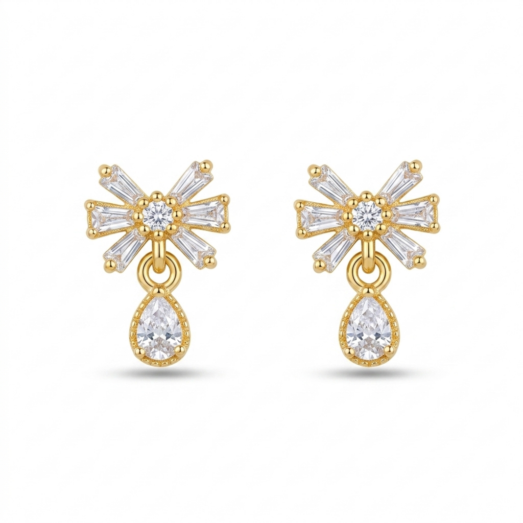 A pair of gold-plated drop earrings for women featuring a drop earring, shown on a clean white background