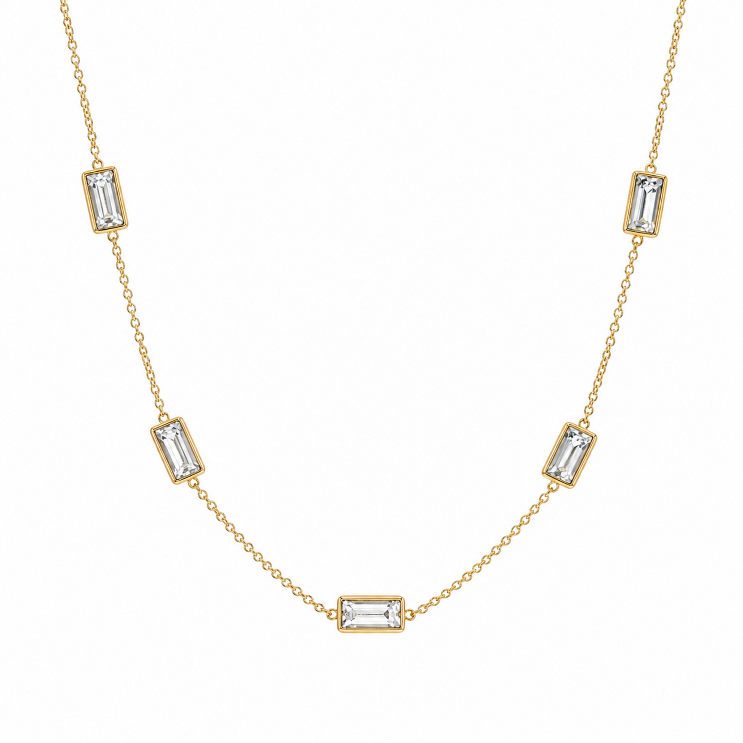 A gold-plated stainless steel chain for women featuring five bezel-set baguette-cut crystal stations