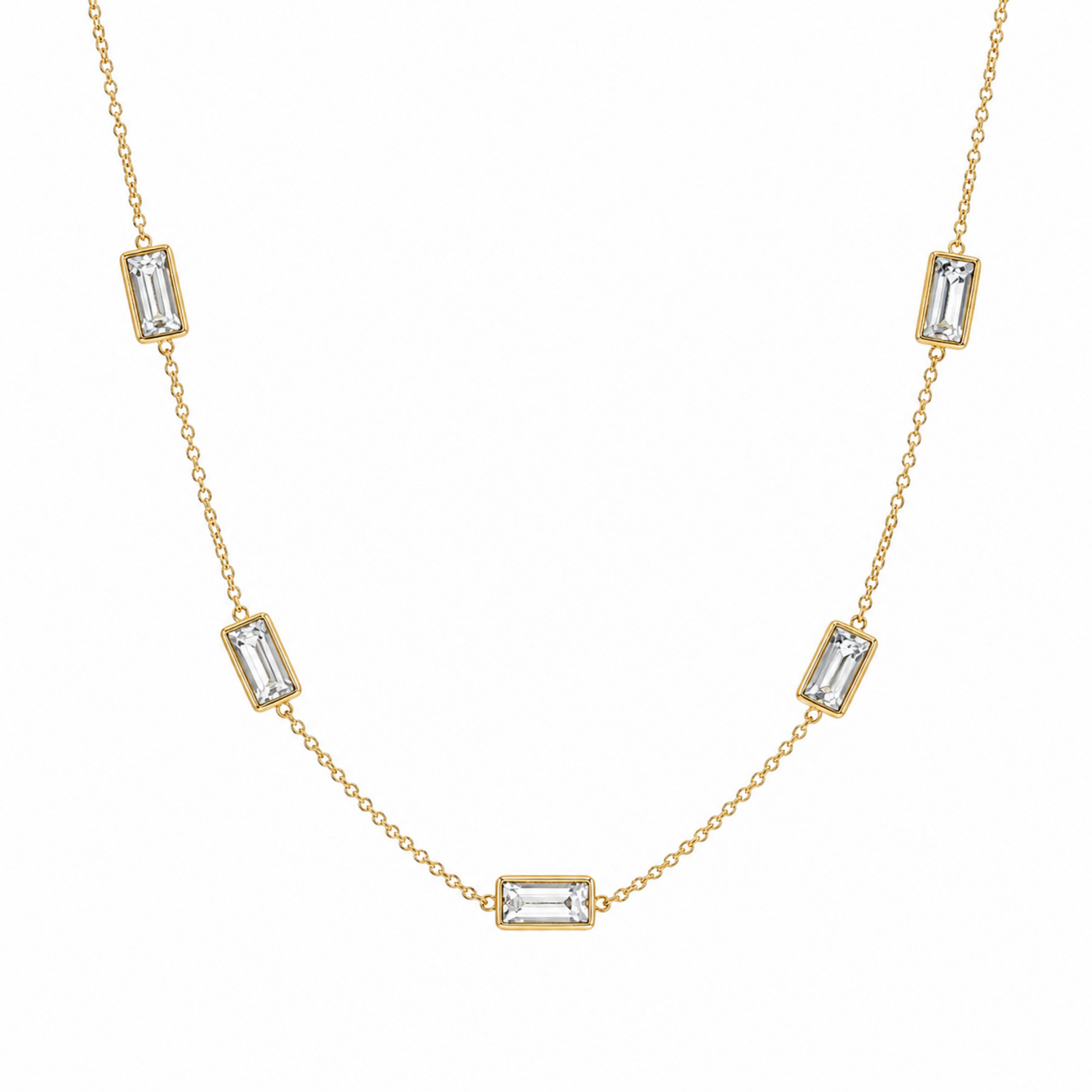 A gold-plated stainless steel chain for women featuring five bezel-set baguette-cut crystal stations