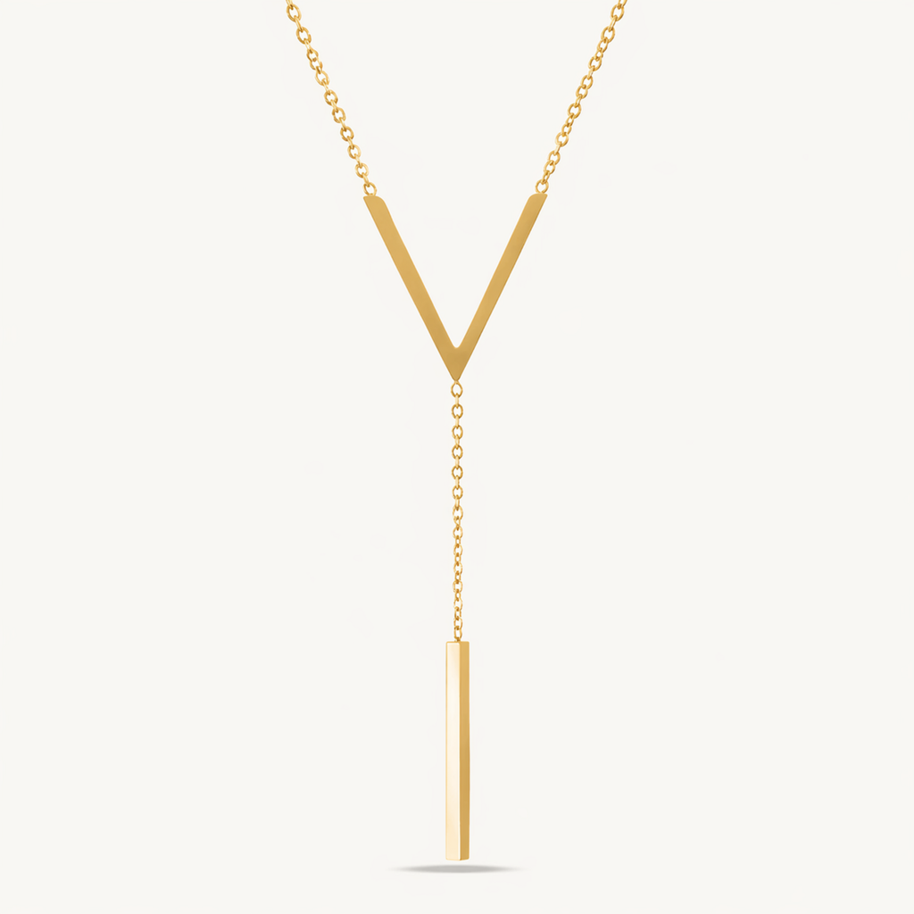 A gold-plated stainless steel chain for women featuring a minimalist V-chevron and a long vertical bar pendant