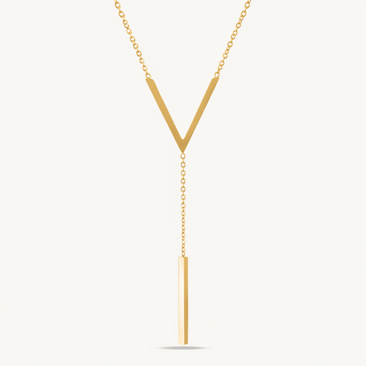 A gold-plated stainless steel chain for women featuring a minimalist V-chevron and a long vertical bar pendant