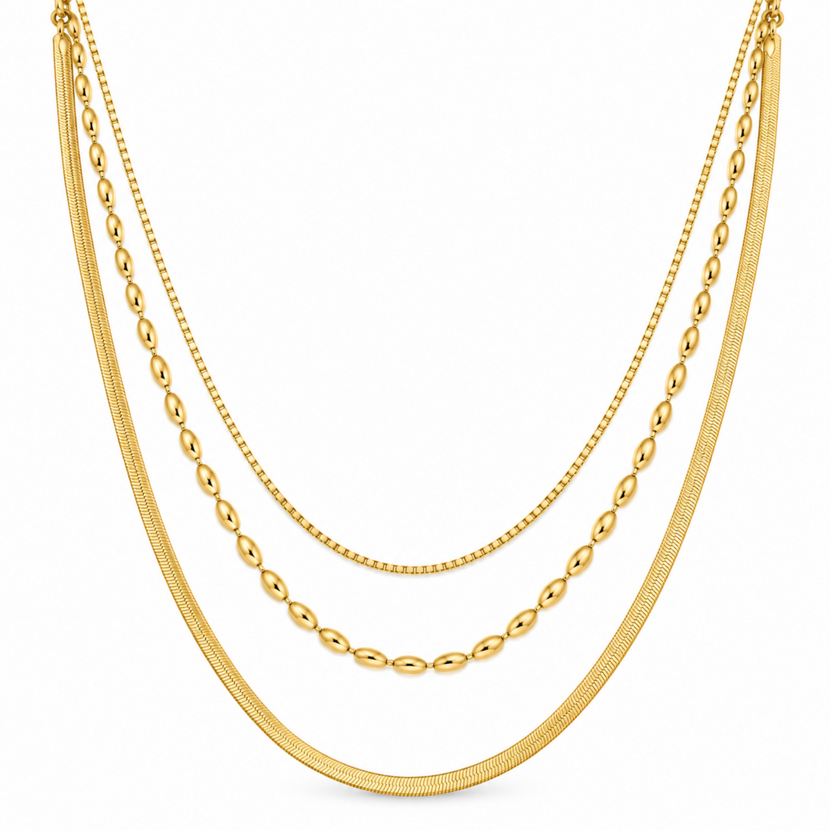 Liora layered gold necklace for women with three mixed-texture chains and gold plated