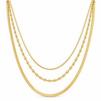 Liora layered gold necklace for women with three mixed-texture chains and gold plated