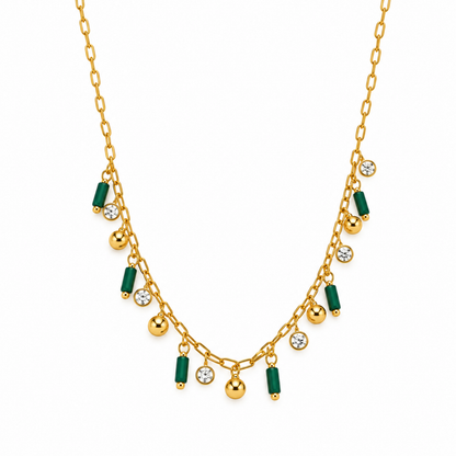Green Charm Necklace with green cylindrical charms, clear crystal accents and gold-tone ball charms.