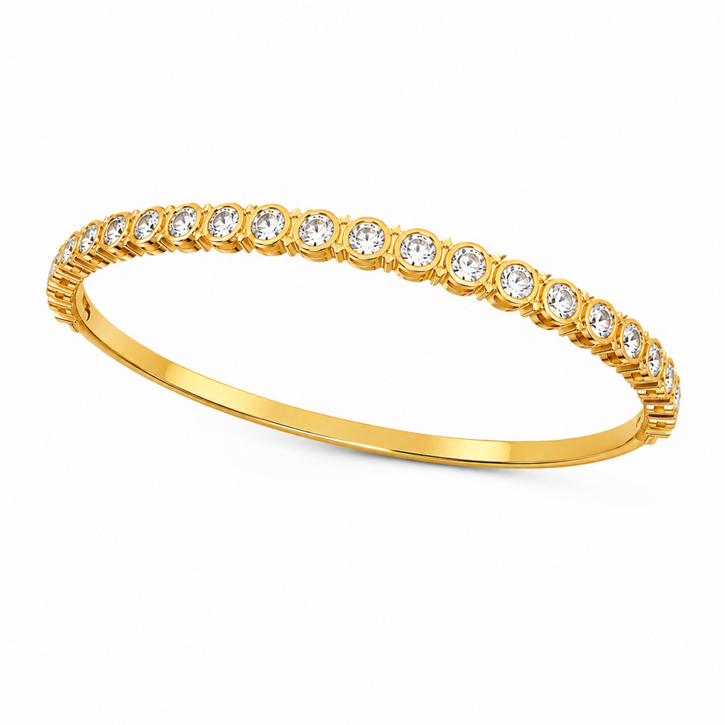 A close-view of a gold-plated eternity bracelet for women featuring a continuous row of bezel-set round crystals and a secure side-clasp.