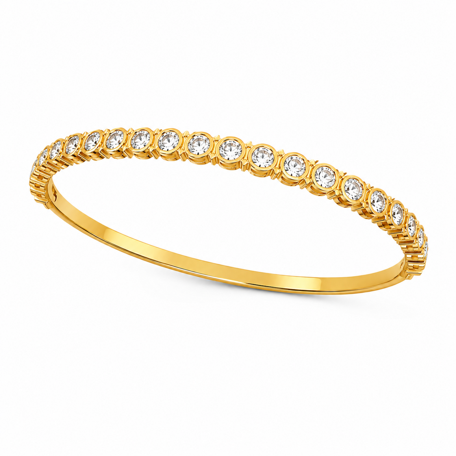 A close-view of a gold-plated eternity bracelet for women featuring a continuous row of bezel-set round crystals and a secure side-clasp.