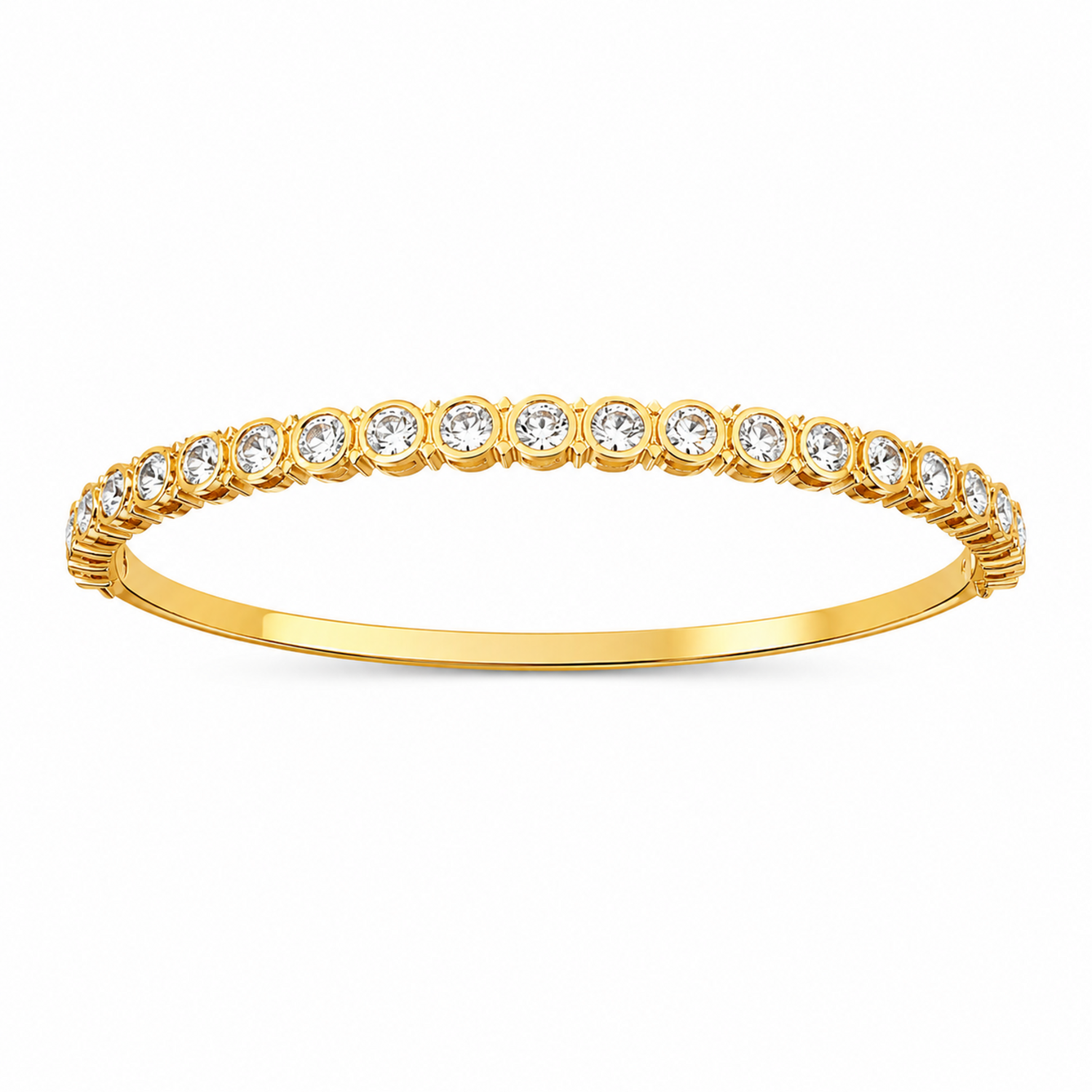 A gold-plated eternity bracelet for women featuring a continuous row of bezel-set round crystals and a secure side-clasp.