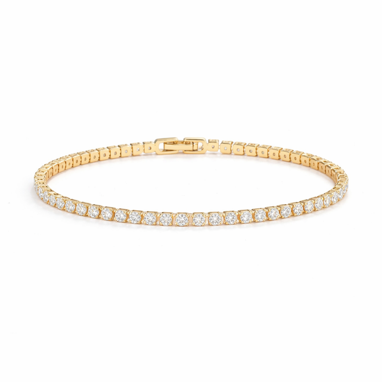 A gold-plated adjustable tennis bracelet for women on a white background