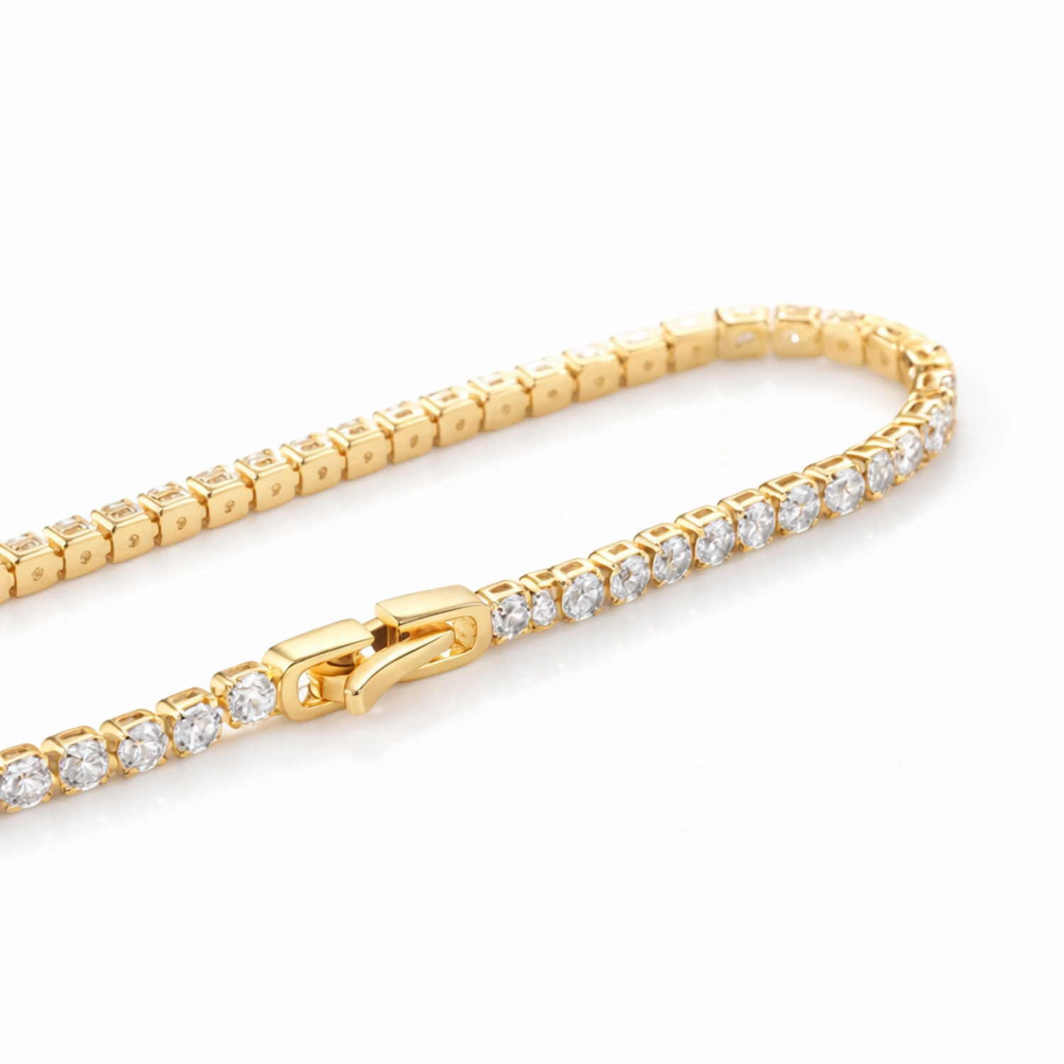 A close-view of a gold-plated adjustable tennis bracelet for women on a white background
