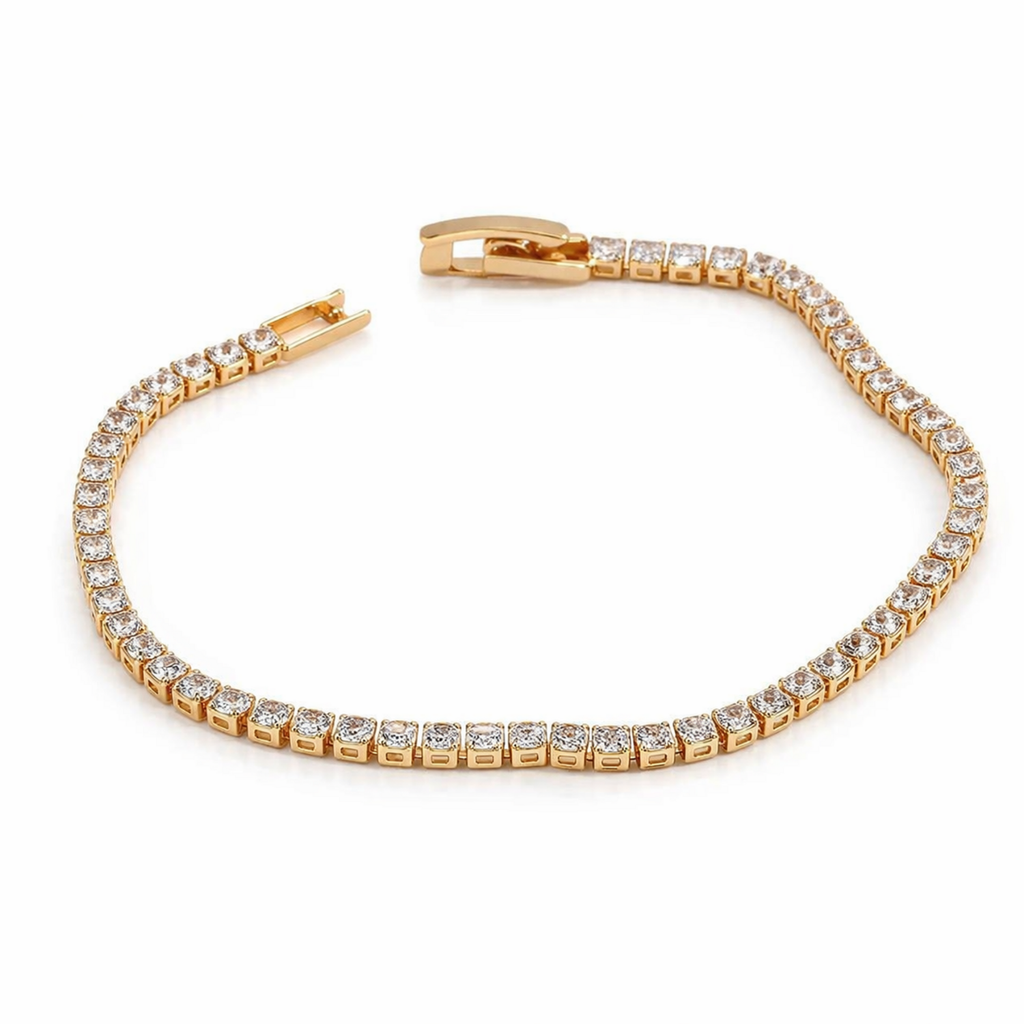 A gold-plated adjustable tennis bracelet for women on a white background
