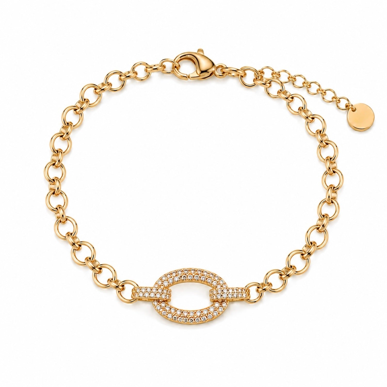 A gold-plated chain bracelet for women featuring a large central oval link encrusted with crystals and round polished chain links