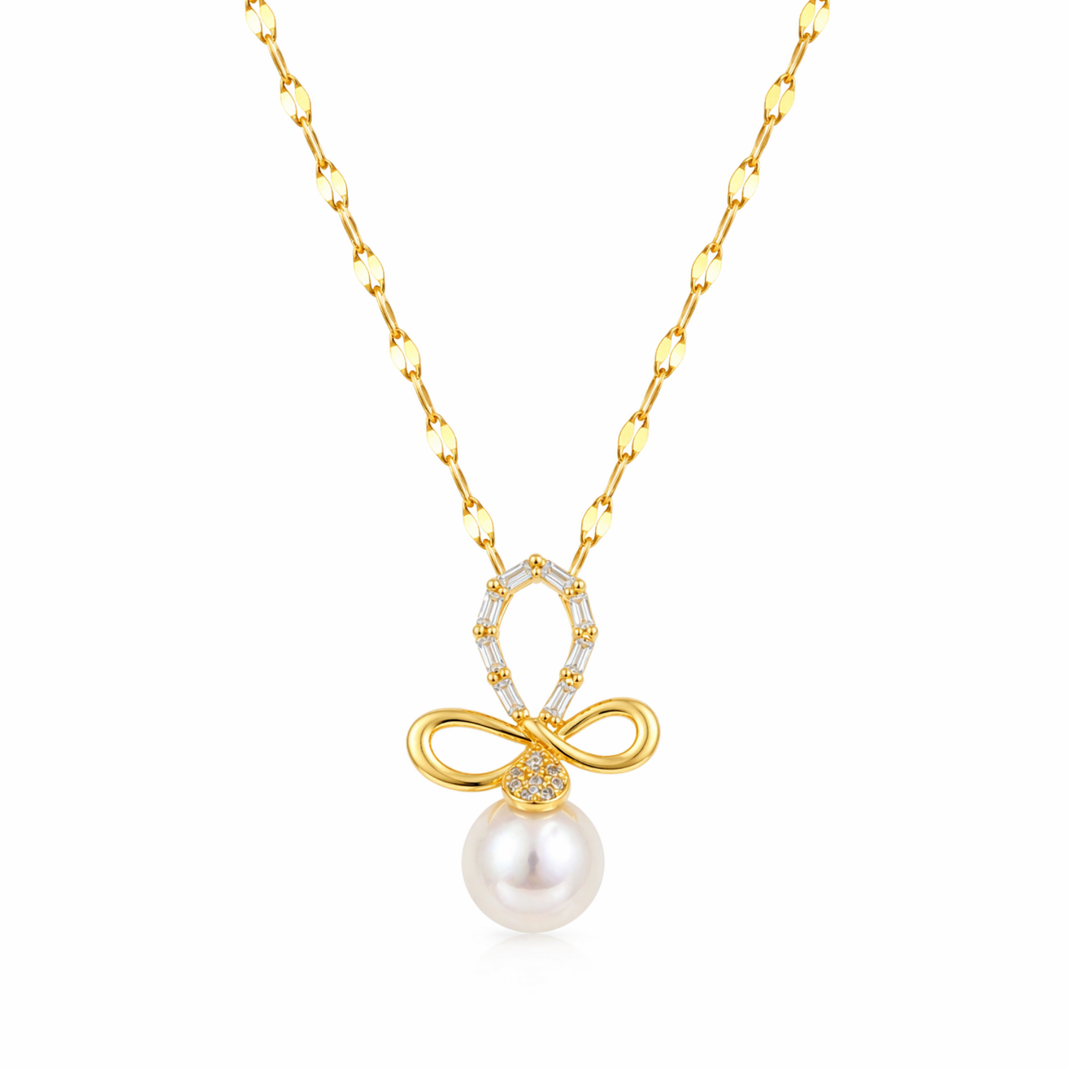 A gold-plated stainless steel chain for women featuring a crystal-encrusted bow pendant with a large white pearl drop, isolated on a white background