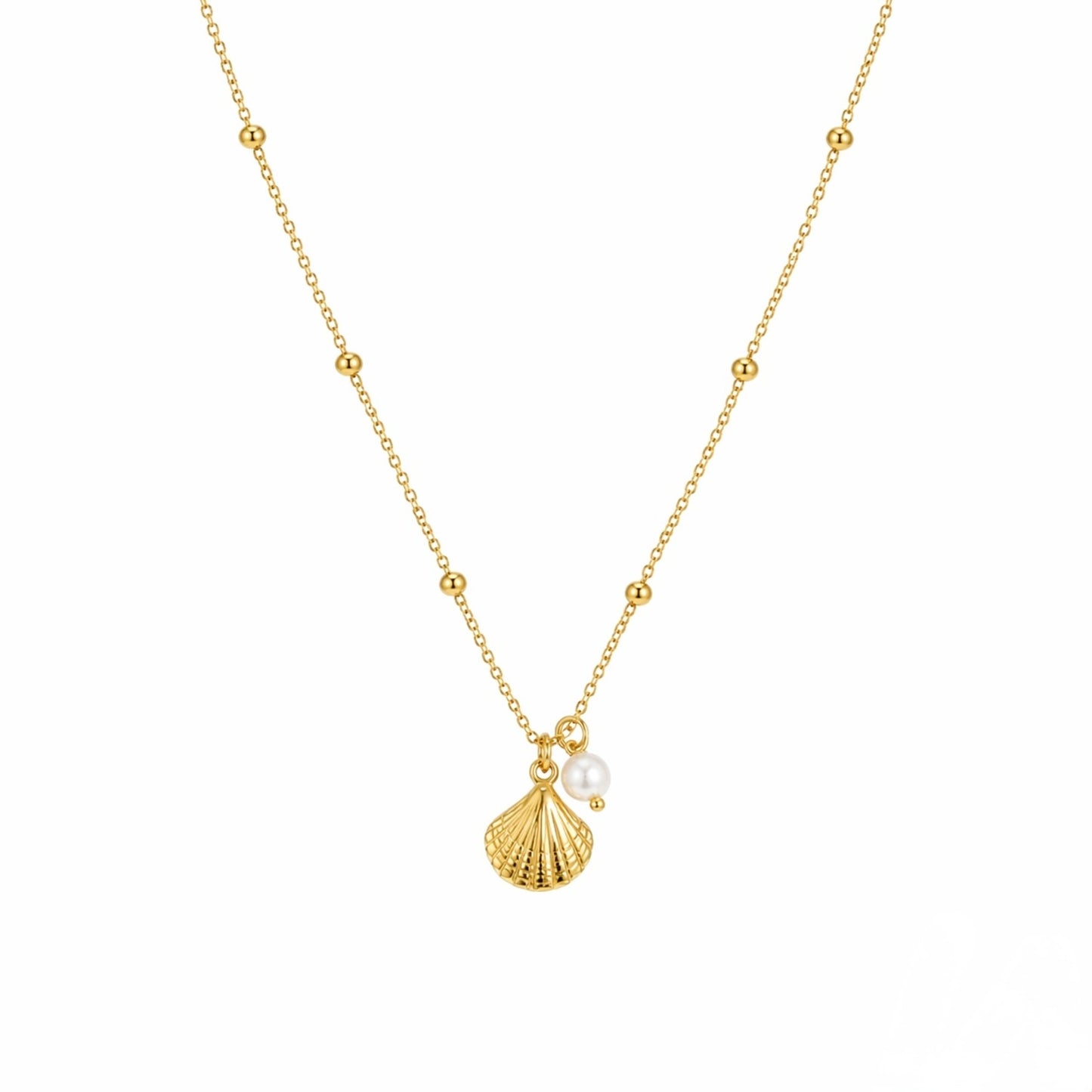 Gold necklace with a shell and pearl pendant on a white background