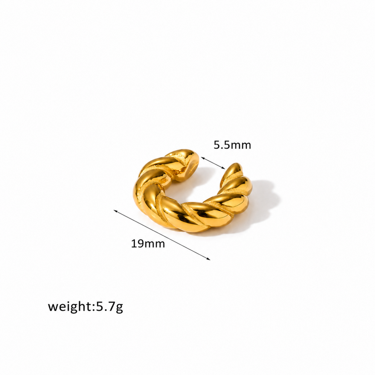 A twisted gold ear cuff shown on a white background with measurement labels indicating 19mm width, 5.5mm inner diameter, and weight 5.