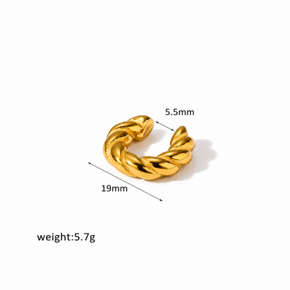 A twisted gold ear cuff shown on a white background with measurement labels indicating 19mm width, 5.5mm inner diameter, and weight 5.