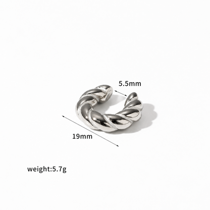 A silver twisted ear cuff with dimension labels showing 19mm length, 5.5mm width, and weight 5.7g on a white background.